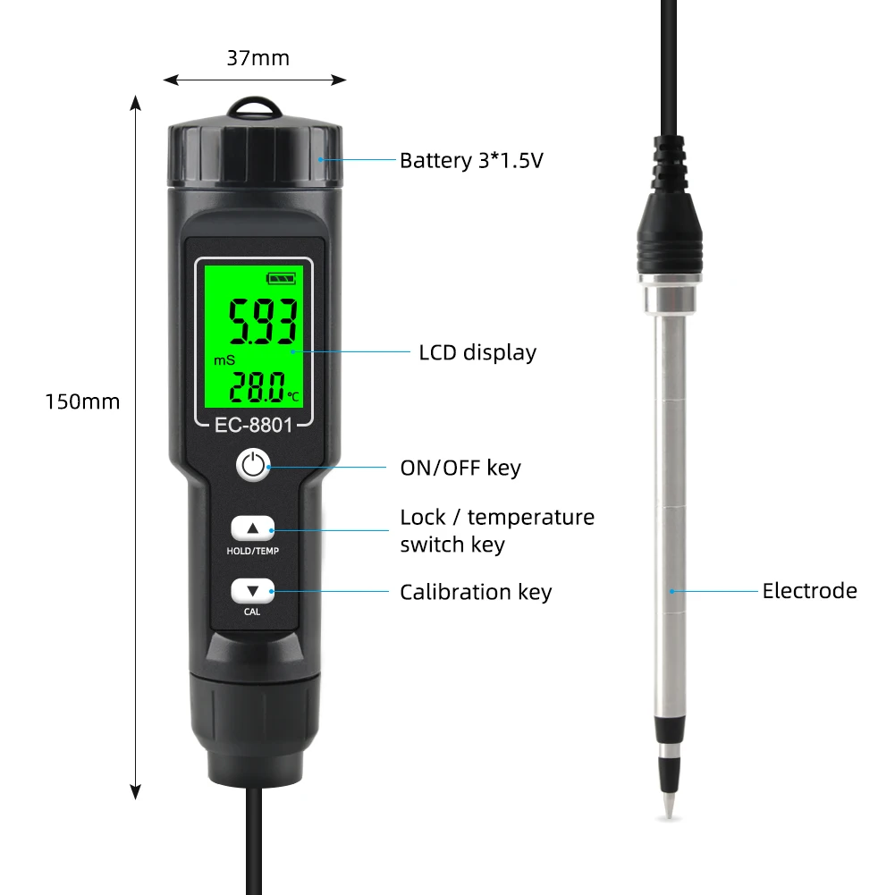 Soil EC Tester 0.00~10.00mS/cm Conductivity Soil EC PH Meter Detachable Probe Au