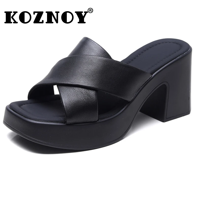

Koznoy 8cm 2024 Women Peep Toe Weave Natural Cow Genuine Leather Moccasins Chunky Heels Fashion Slippers ROME Summer Shoes
