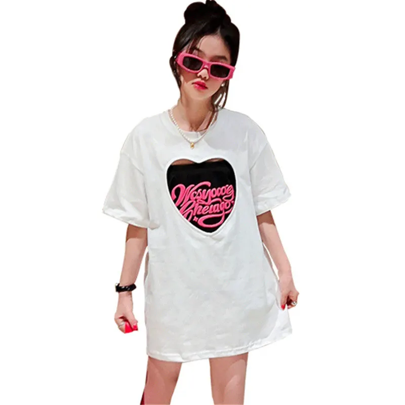 

Girls New Fashion Summer Clothes Letter Print Tube Top + Long Style Tshirt Heart Hollow Out Cotton 2pcs Tees Dress Kids Costumes