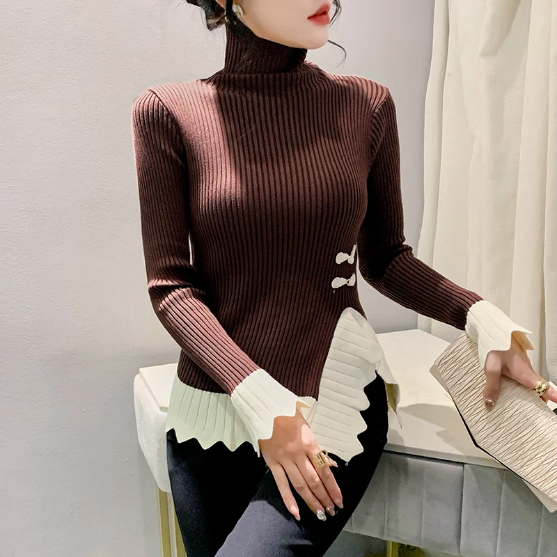 

Женский трикотажный свитер с рюшами, привлекательный облегающий свитер составного кроя с разрезом на пуговицах и длинным рукавом, модель 2024 на осень и зиму, 311176