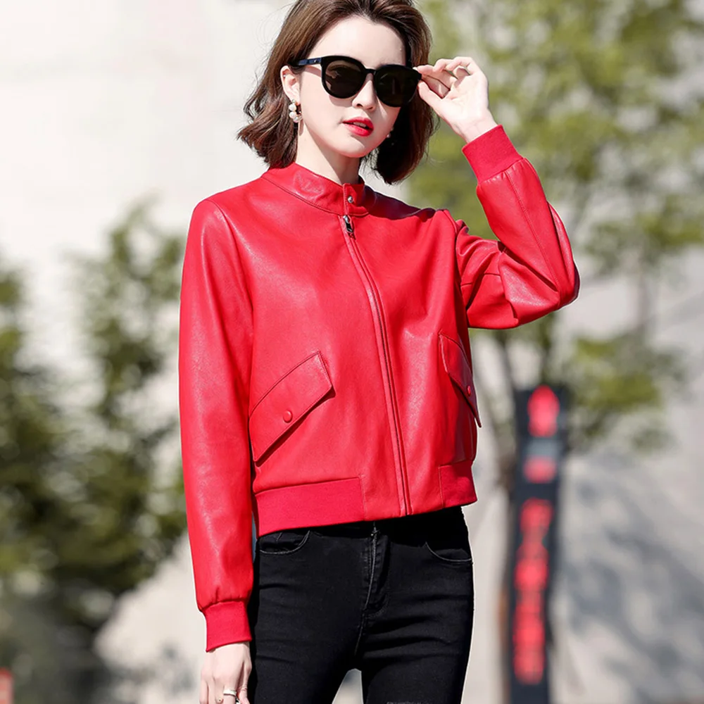 New Women Baseball Uniform Style Leather Jacket Spring Autumn Casual Stand Collar Sheepskin Jacket Short Split Leather Coat