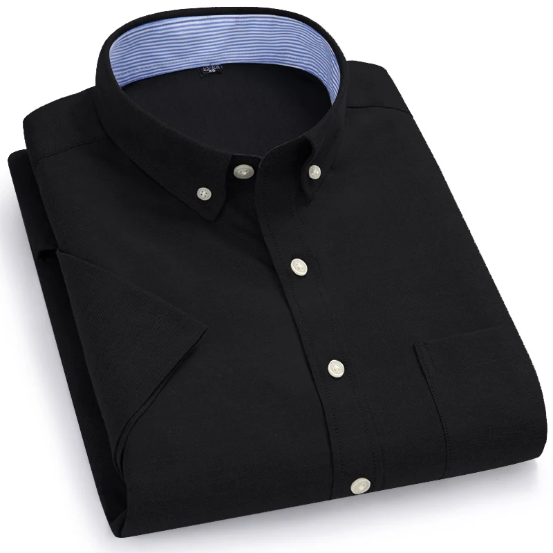Men Oxford Fabric Shirts Turn Down Collar Front Pocket Button Short Sleeve Solid Color Summer Smart Casual Shirts Dress 2