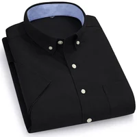 Men Oxford Fabric Shirts Turn Down Collar Front Pocket Button Short Sleeve Solid Color Summer Smart Casual Shirts Dress 2