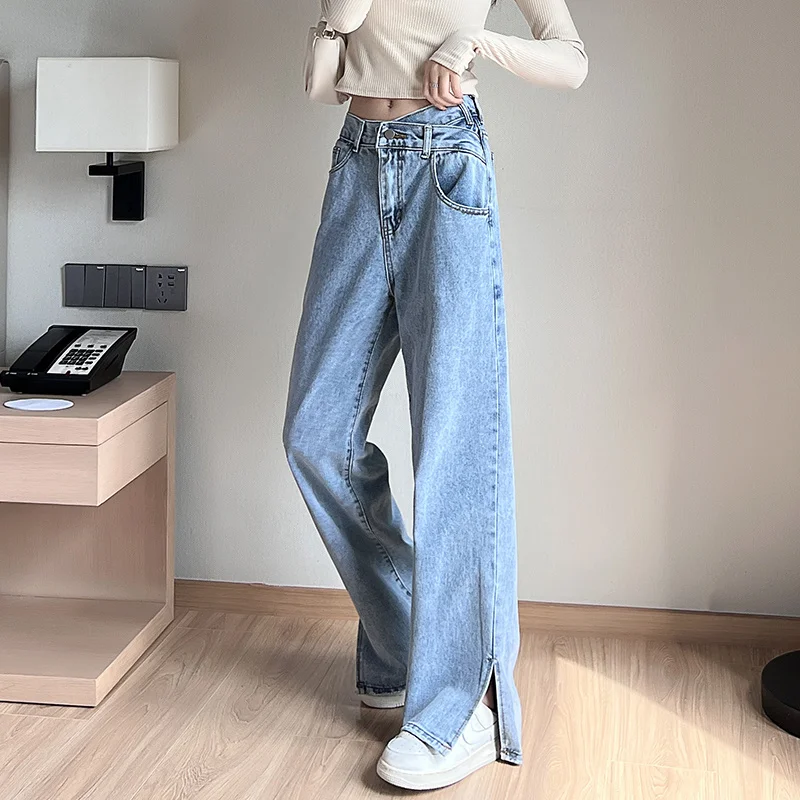 

American Ins Fashion Y2k Jeans Womens High Waist Loose Wide Leg Slit Hem Solid Denim Pants Casual Streetwear Female Clothesc b46