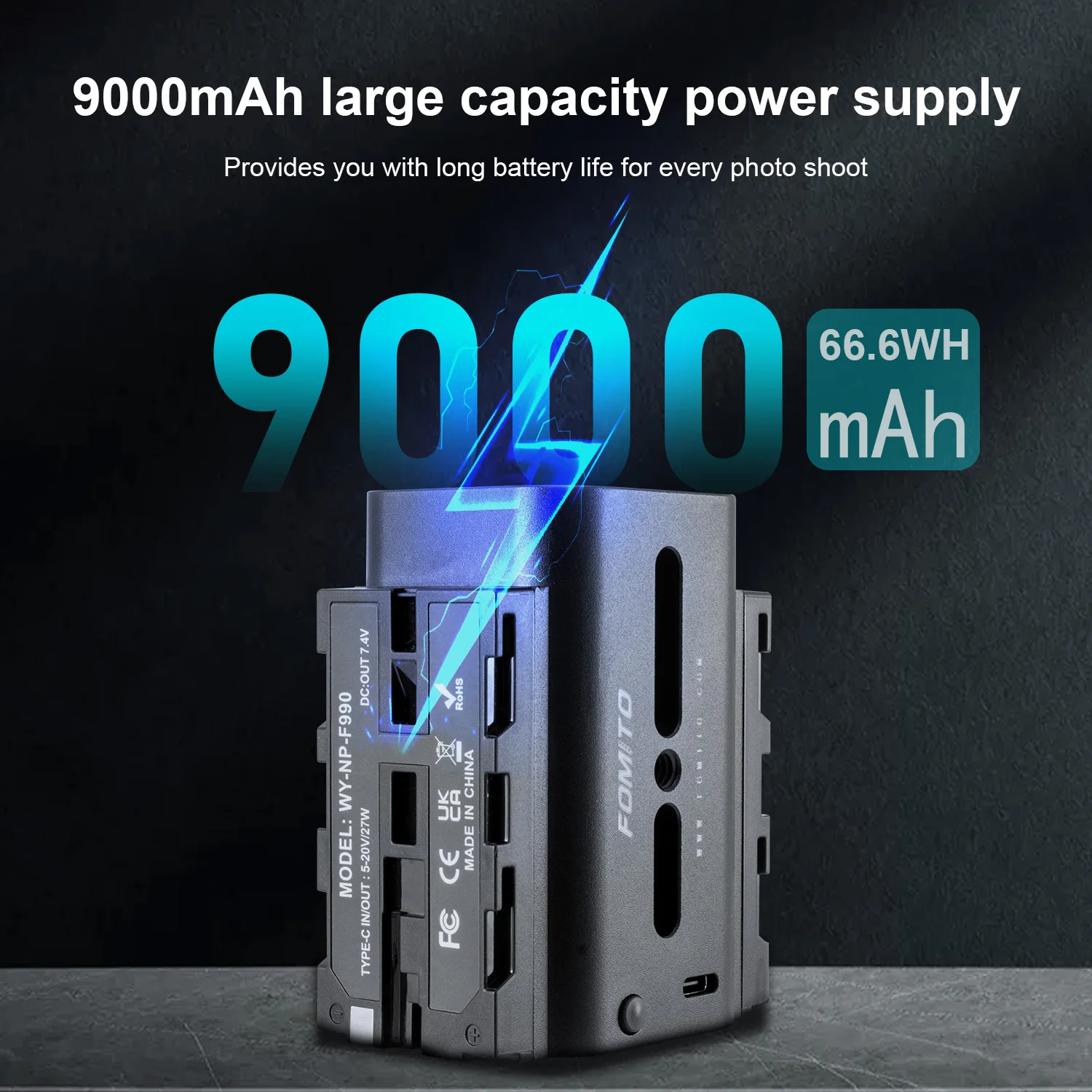 FOMITO NP-F990 Battery 66.6WH 9000mAh Supports Type-C DC Two NP-F Interface outputs