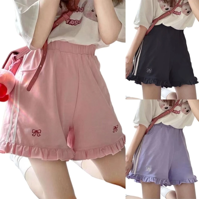 

Womens Summer Embroidery Bows Parttedn Shorts Loose-fit Lacy Edge Shorts