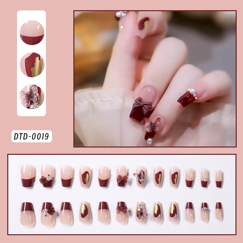 24 Stück rosa Leopardenmuster, kurze, quadratische Nägel zum Aufdrücken, französische Schleife, tragbare künstliche Nägel, vollständige Abdeckung, abnehmbare Maniküre, DIY-Nagelspitzen – Detail 3