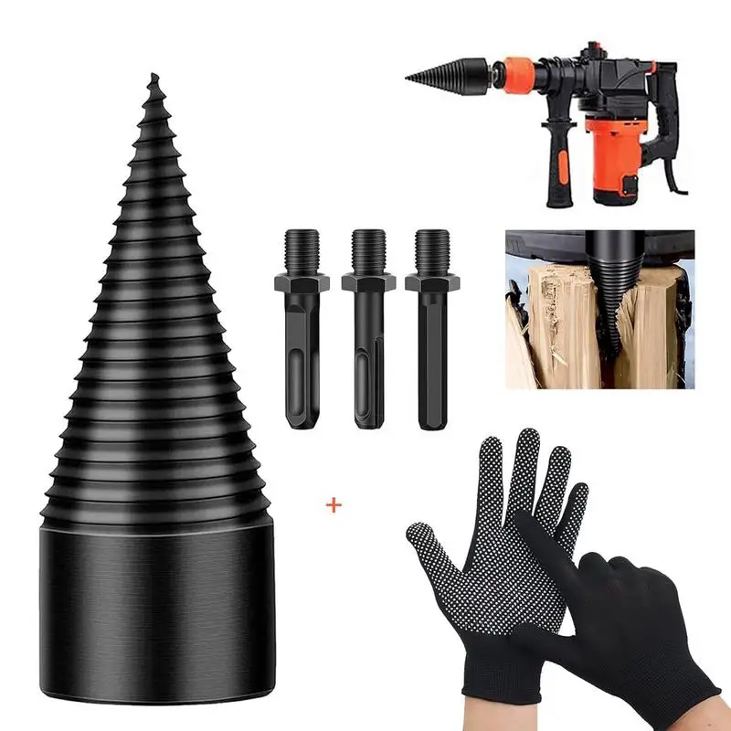 Wood Splitting Drill Bit Carbon Steel Cone Firewood Splitter 3PCS Drilling Handles Heavy Duty Kindling Wood Splitter For Camping