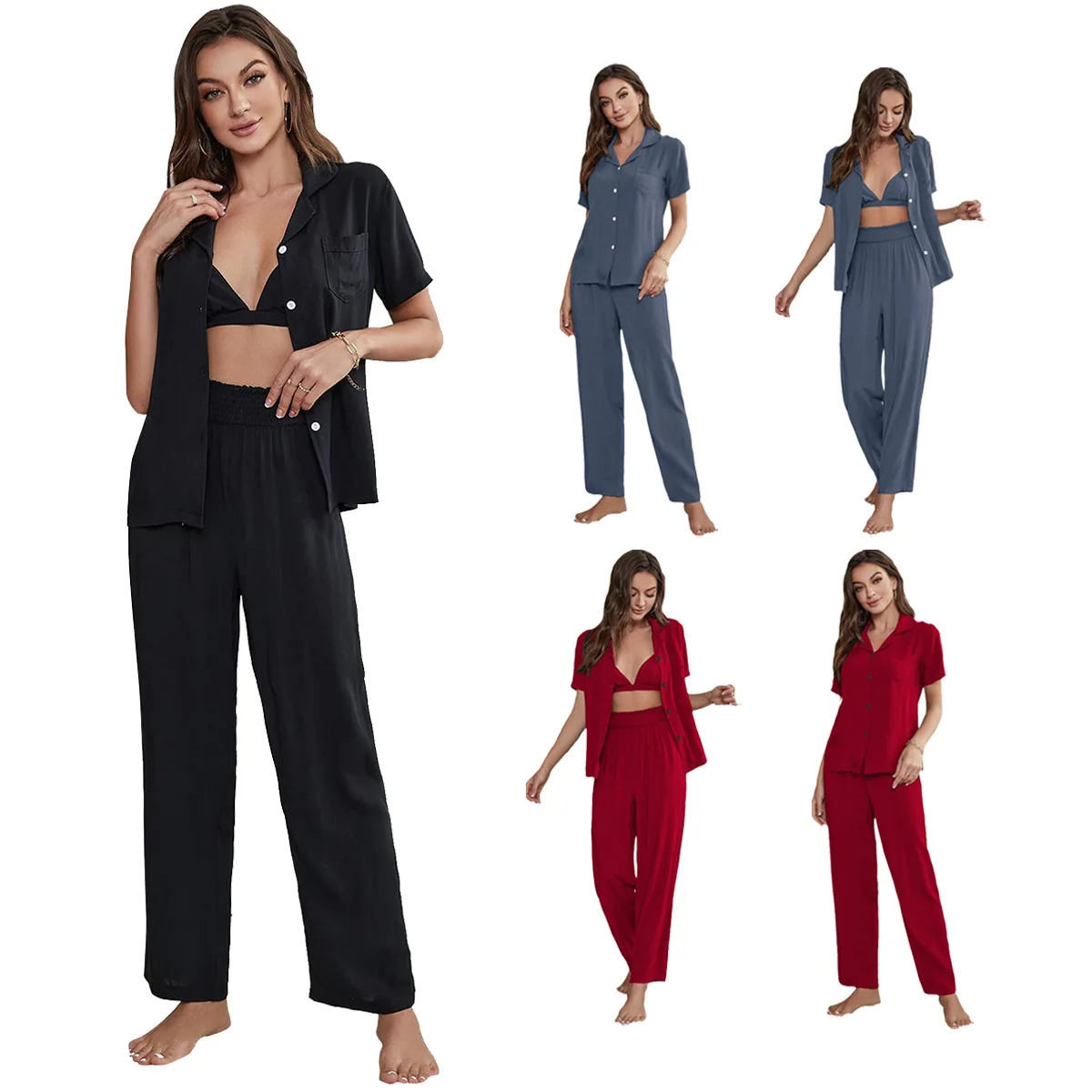 Pajamas for Women in Spring and Summer, Short Sleeved Cardigan for Home Wear, Three Piece Set for External Wear Sleepwear