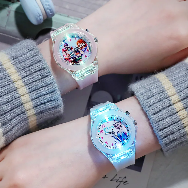 Disney-relojes luminosos para niñas y niños, reloj de princesa congelada Aisha Sophia, luz LED colorida para estudiantes, reloj para mujeres