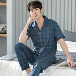 3XL Big Size Male Pajamas for Men 100% Cotton Breathable Men's Pajama Sets Summer Casual Plaid Short Sleeve Pijama Sleepwear