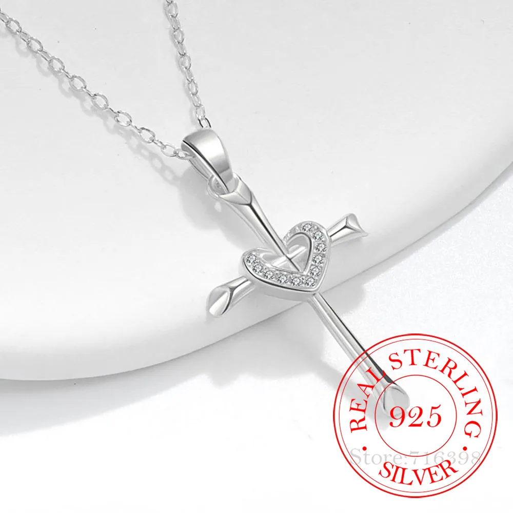 925 Sterling Silver Crystal Love Heart Cross Pendant Necklace for Women Wedding Party Jewelry Gift