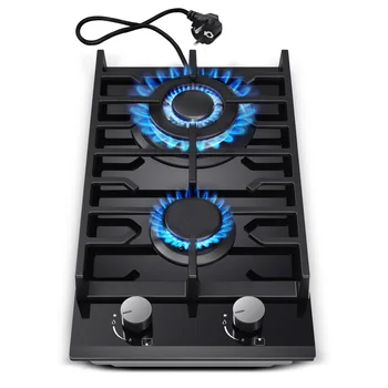 Piano cottura a gas a 2 fuochi certificato UE in vetro temperato da 30 cm | Da incasso con rack in ghisa doppio carburante (NG/GLP) 5200 W interruzione di fiamma nera 1