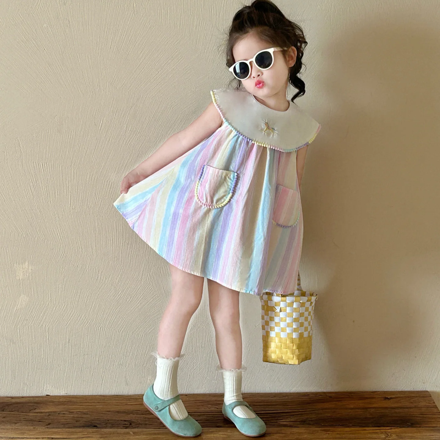 

Summer Korean Kid Baby Girls Dress Sleeveless Lapel Pockets Colorful Striped Embroidery Little Girls Dress Children Girls Dress