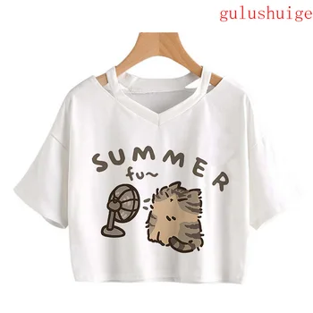 Y2k Crop Top Funny Cute Cat T Shirt Women Shirt Cropped Harajuku Graphic Ulzzang T-shirt 90s Tshirt Top Tee Female Gothic 1