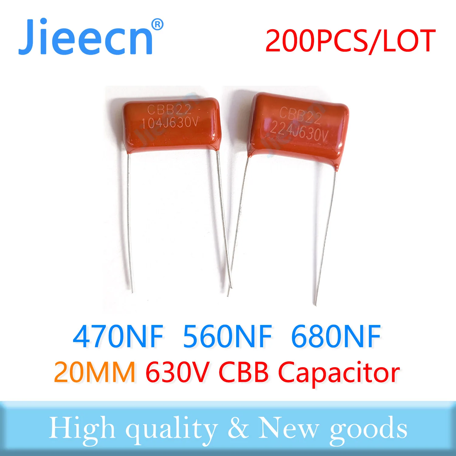 Фото Jieecn 200 шт. 630 в 20 мм 470NF 560NF 680NF 474J 564J 684J CBB полипропиленовый пленочный конденсатор высокого качества №1