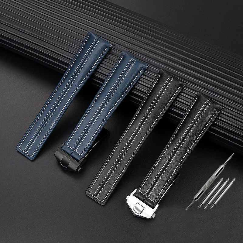 High-Quality Black 22mm Genuine Leather Bracelet Watch Strap