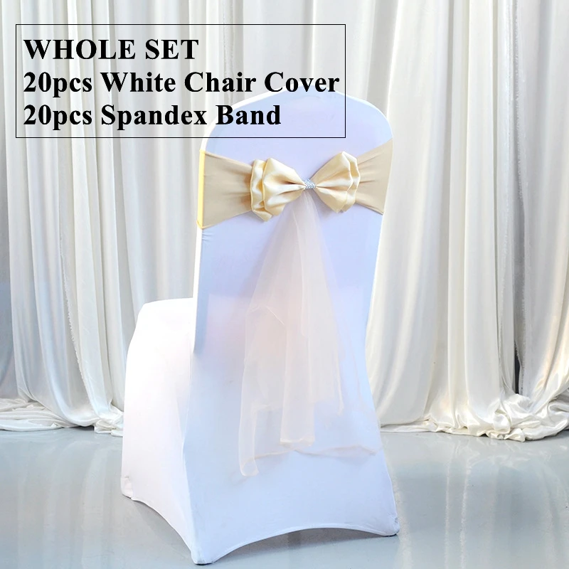 

Nice Looking 20Set White Spandex Chair Cover With Satin Bow Stretch Chair Band Tie Sash For Wedding Banquet Event Decoration