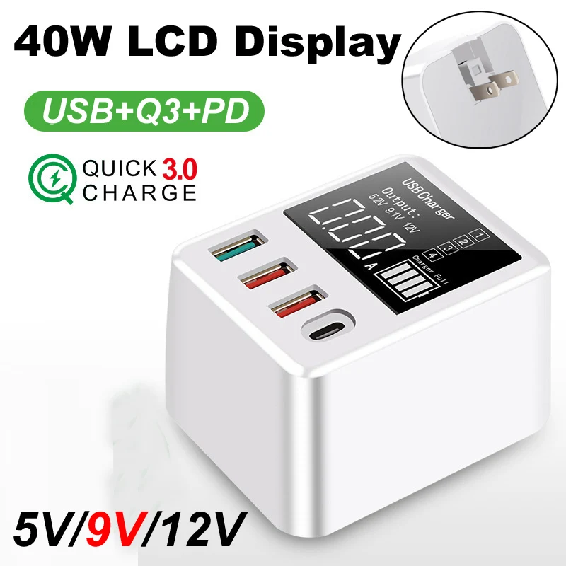 

LCD 40W AC 4 Ports QC3.0 Quick Fast Charging+2 Ports USB Charger +USB TYPE-C PD 5V/9V/12V For iPhone Samsung Phones Tablet pc