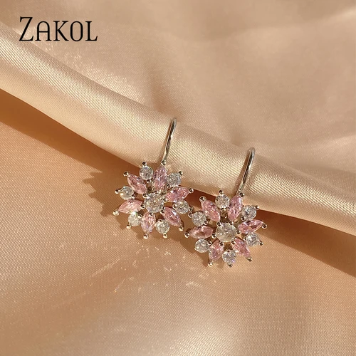 ZAKOL 패션 로즈 골드 컬러 후프 귀걸이, 플라워 클러스터 클리어 CZ 크리스탈 지르코니아 귀걸이, 여성용 쥬얼리 Brincos EP609 2