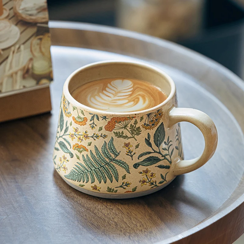 Chinese Style Ceramic Cute Mug, Home Personal Office, Creative With lid Spoon, Floral Pattern, Milk Water Coffee Cup, 360ml, 1Pc