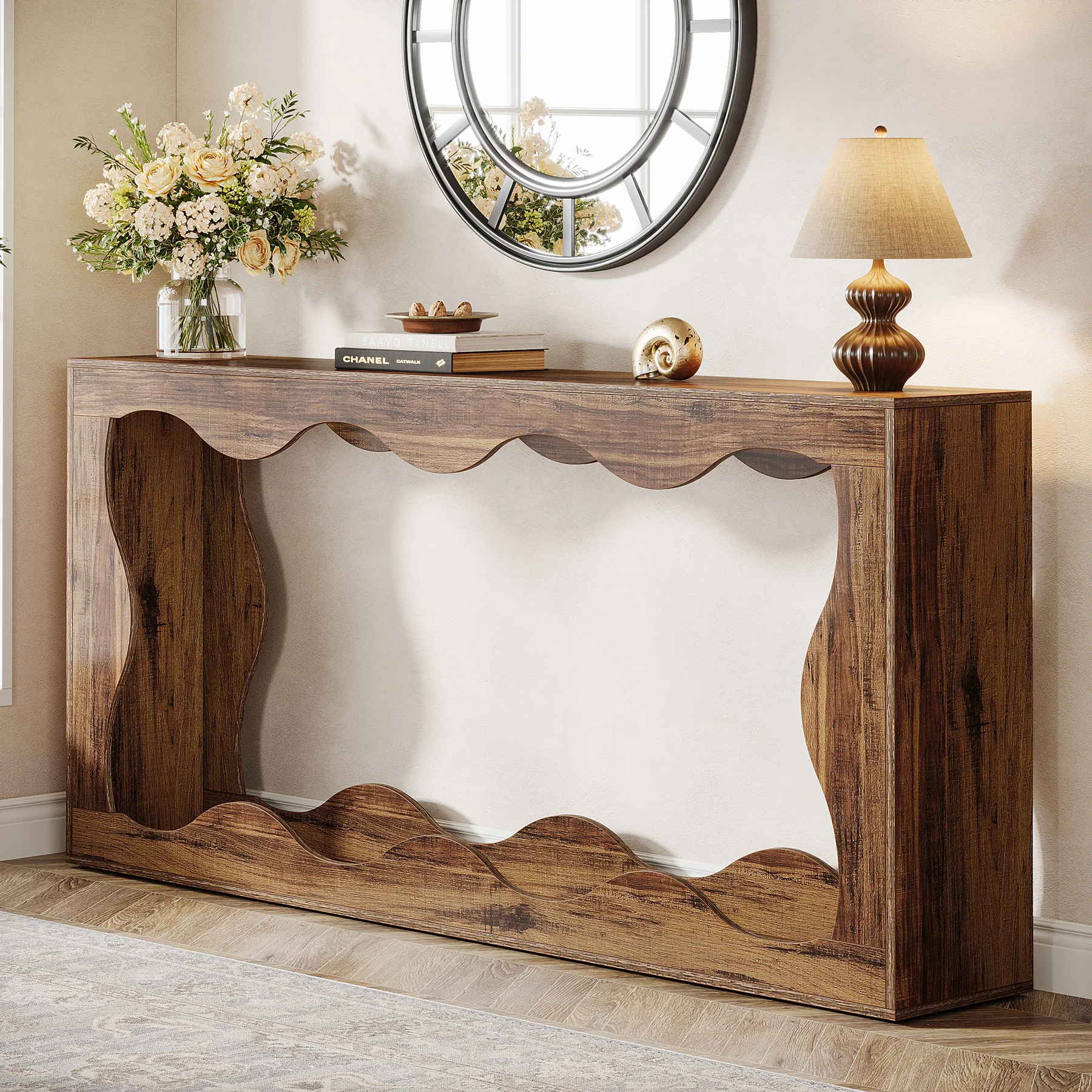 Tribesigns Farmhouse Console Table, 63-Inch Scalloped Console Station, Behind Couch Narrow Sofa Table, Wavy Long Hallway Stand