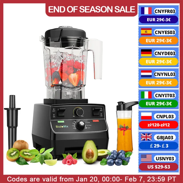 BioloMix 2200W Professional Smart Timer Pre-programed Blender, 2L round jar, Mixer Juicer Food Processor Ice Smoothies Crusher