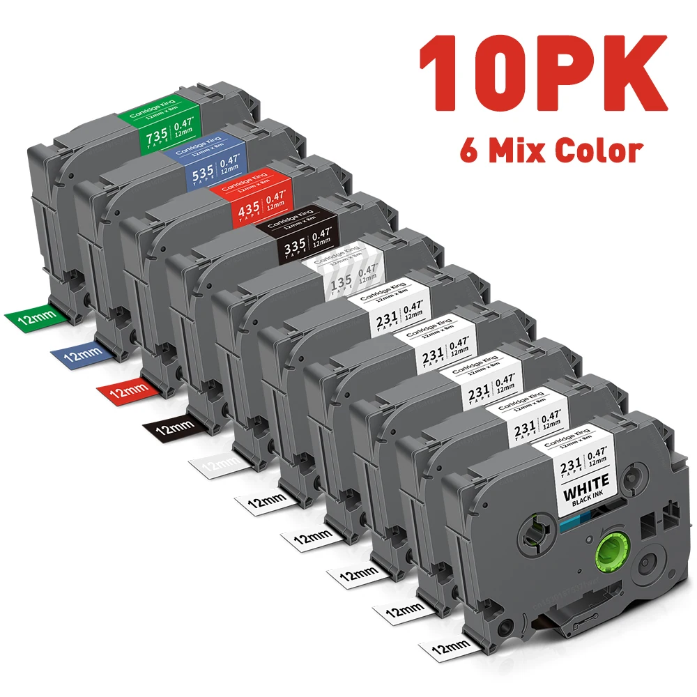 Pack of 10 Black on White Laminated Label Tapes (6/9/12mm)