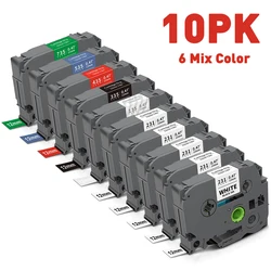 Pack of 10 Black on White Laminated Label Tapes (6/9/12mm) - 6mm (10PK Mixed Color 3)