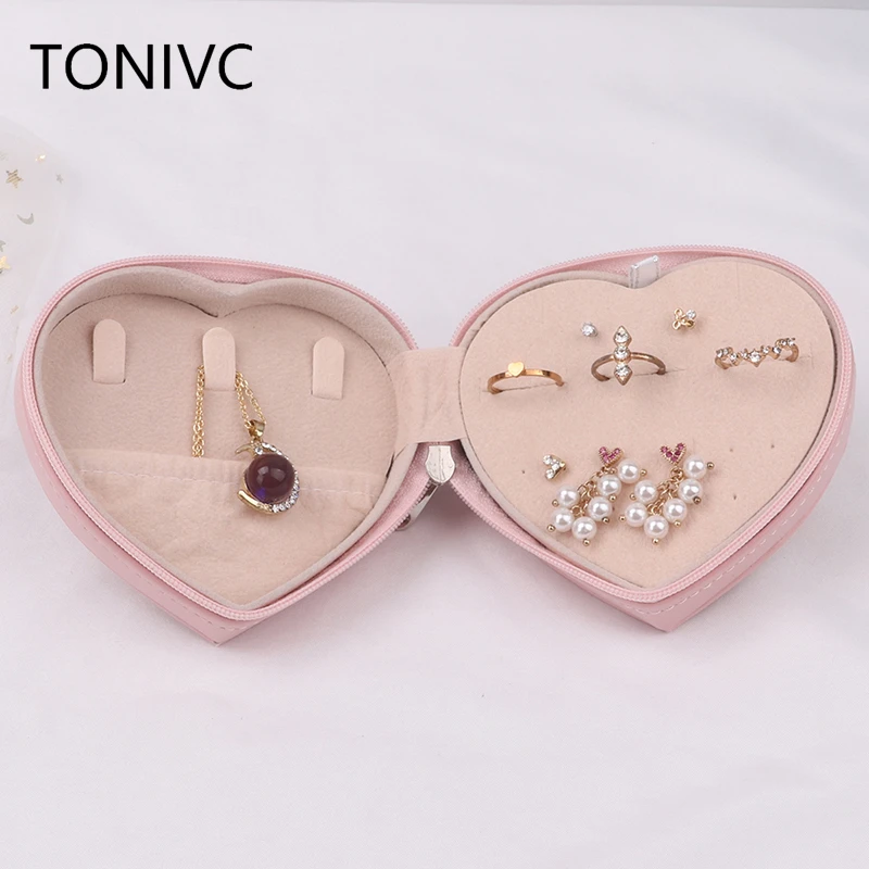 Leather Jewelry Case With Zipper Portable Locket Travel Jewelry Box Pink Heart Desige Birthday Wedding Gift Box