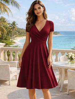 Women's Elegant Round Neck Summer Short Sleeve Solid A-Line Knee-length Dress High Waist Swagger Party Wedding Casual Departure 1
