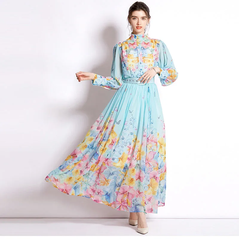 

2022Autumn New Women 2Piece Set Stand Collar Long Sleeve Print Shirt Ankle Length A-line Skirt Elegant Chiffon Floral Polyester