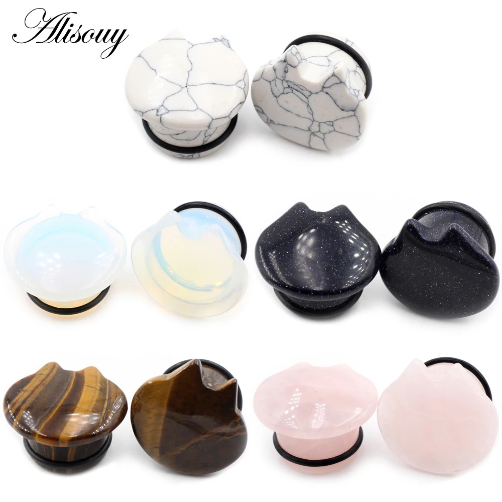 

Alisouy 2pcs Women Men Lovely Cat Natural Stones Ear Tunnels Plug Flesh Expander Stretcher Gauges Earrings Body Piercing Jewelry