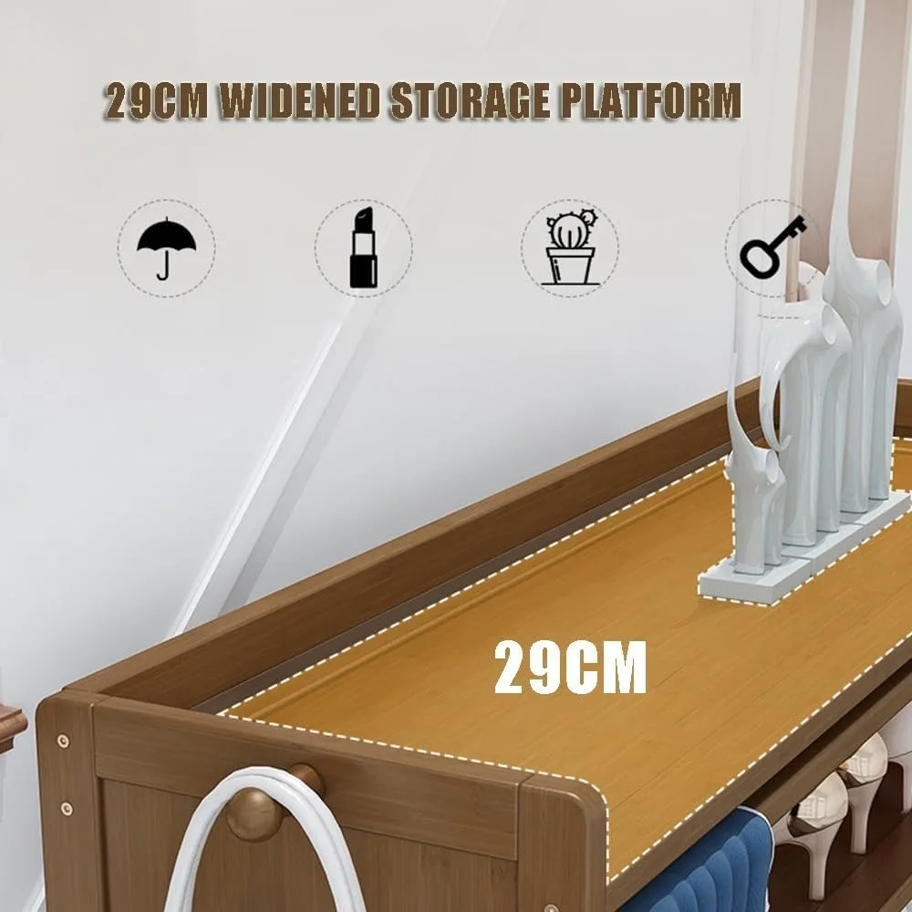 Bamboo Shoe Rack with Door Curtain, Portable Shoe Storage Organiser with 2 Hooks Heightened Bottom Easy Assembly Shelf Organiser
