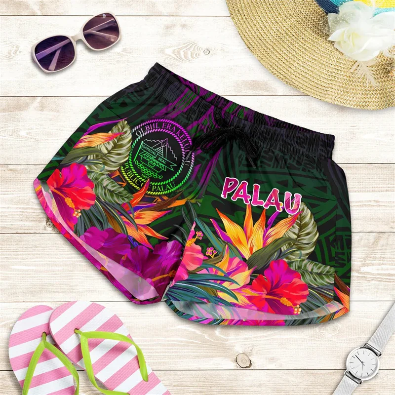 

Palau Women's Shorts Summer Hibiscus Trendy 2024 Swim Gym Ice Shorts Swimsuit Trunks Beach Short Hawaii Shorts Girls Short Pants