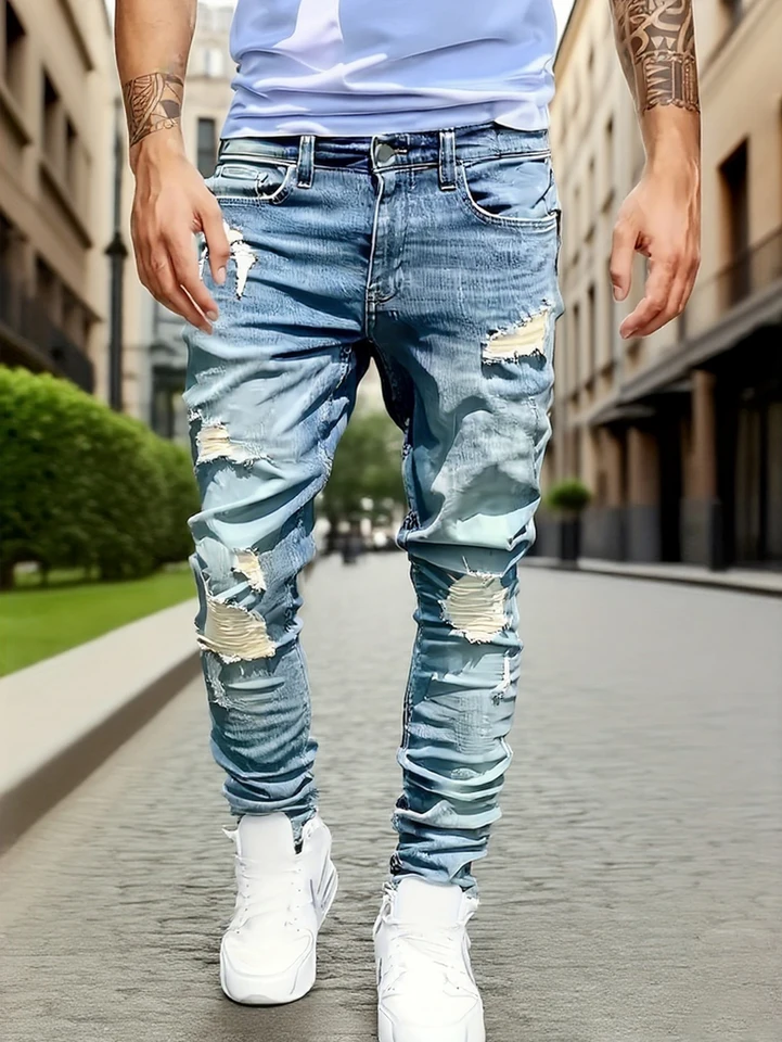 Sky Blue Distressed Skinny Jeans for Men