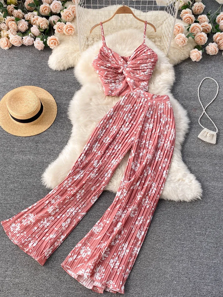 

Summer Women Sexy Printed Two Piece Set Beach Female Strap Camis Tops + Draped Wide Leg Pants Black/Red/Blue/Yellow Suits New
