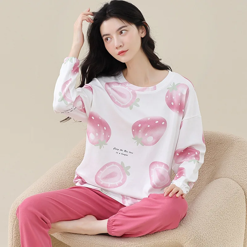 Spring Autumn Women's Thin Pure Cotton Pajamas Round Neck Long Sleeve Pullover Top Casual Pants Loose Fitting Home Clothing Set