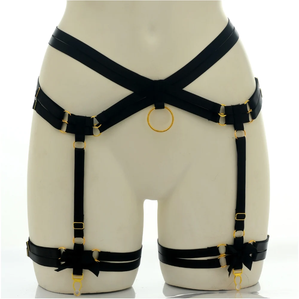 Women Bondage Lingerie Women Black Clip Stockings Garter Belt Halloween Party Punk Body Cage Bow Adjustable Elastic Body Harness High Waist Garter