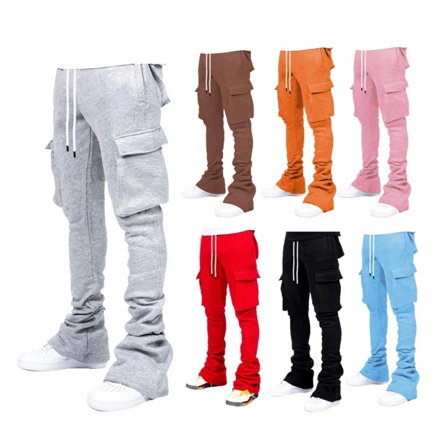 Mens Drawstring Waist Jogger Pants Solid Color Pile Up Stacked Cargo Pants Workout Running Sweatpants with Multi Pockets 3