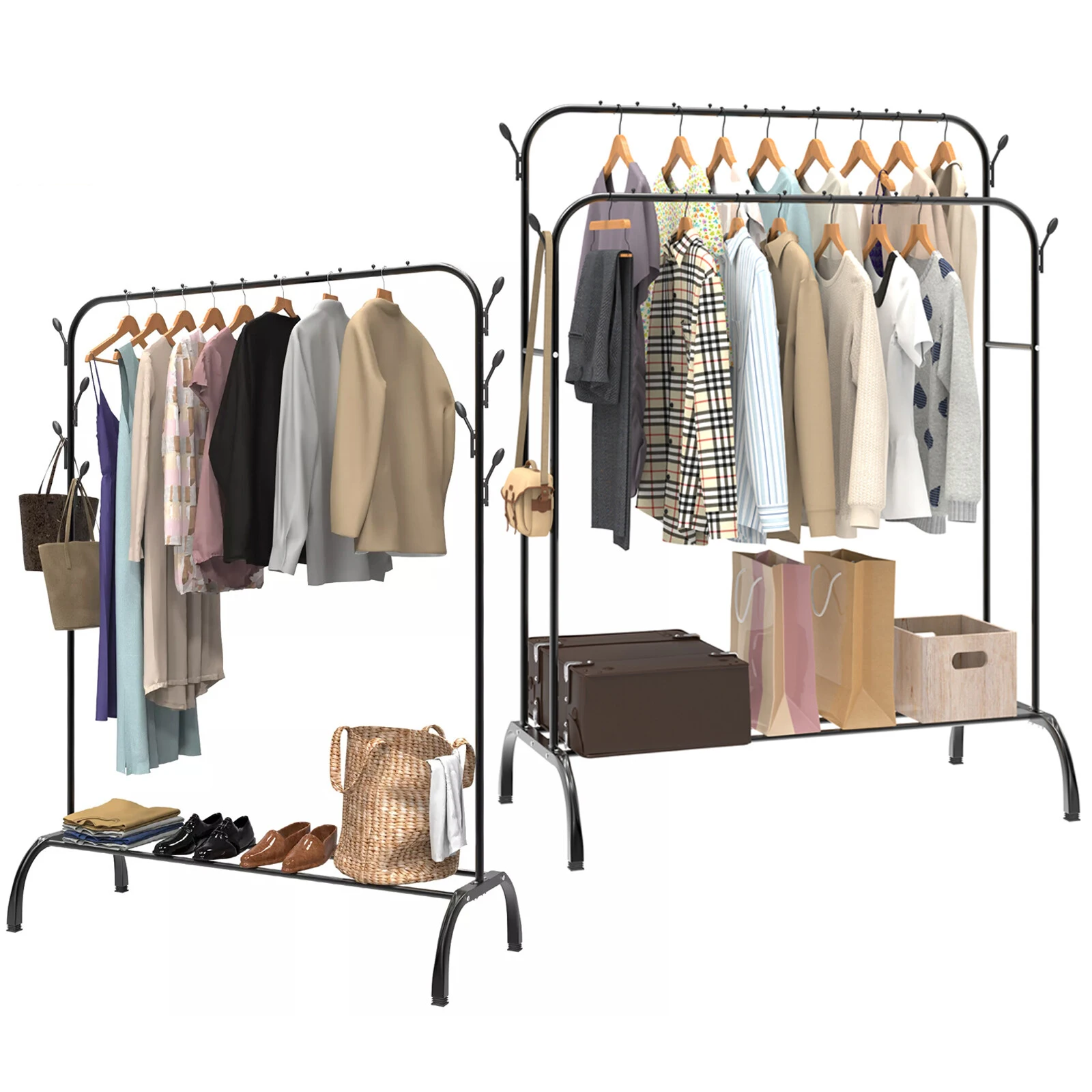 Clothes Rail with Hooks, Bottom Rack, 150cm Height Clothing Rack, Freestanding Storage Shelf for Home, Bedroom, Office, Shop