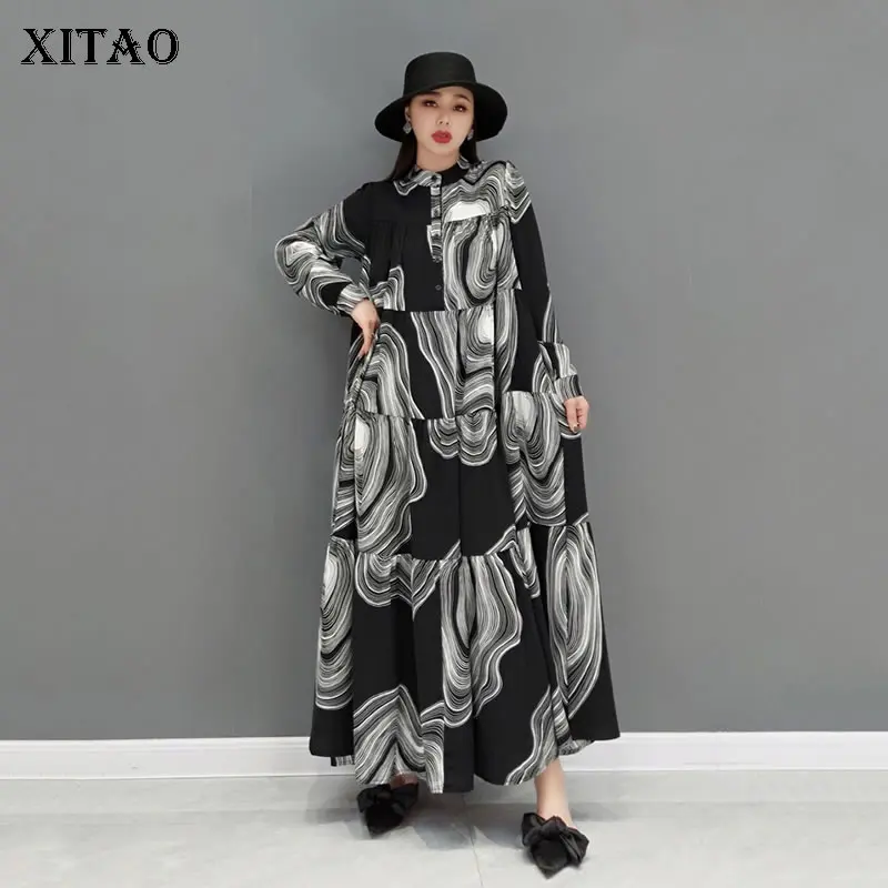 XITAO Vintage Print Shirt Dress Loose Fashion Splicing Contrast Color Stand Collar Women New