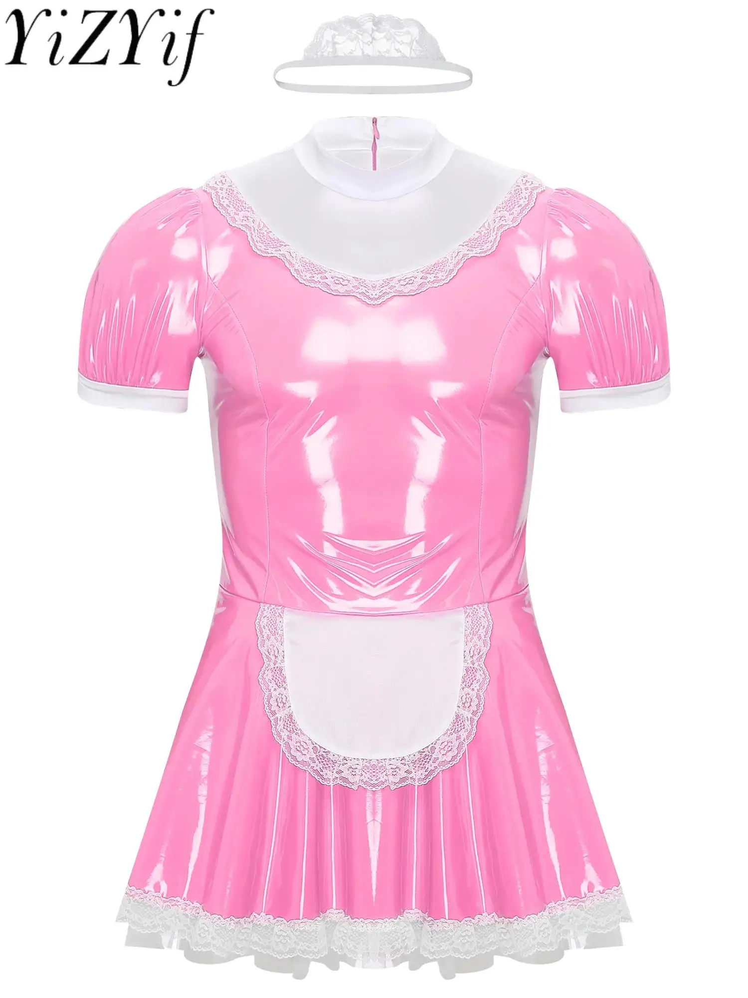 

Мужская сексуальная униформа горничной из лакированной кожи с коротким рукавом и кружевной отделкой, платье для скусси с кольцом на шею, костюм для косплея служанки трансвестита