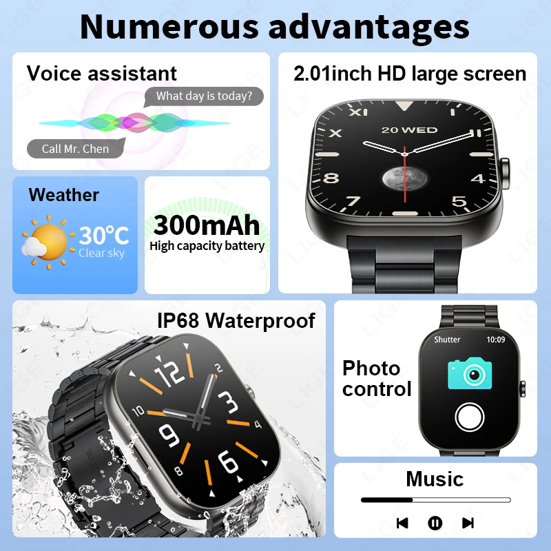 LIGE Men Smart Watch 2.01 inch Bluetooth Call Women Voice Assistant Heart Rate Monitor Sleep Tracker Smartwatch For Android IOS