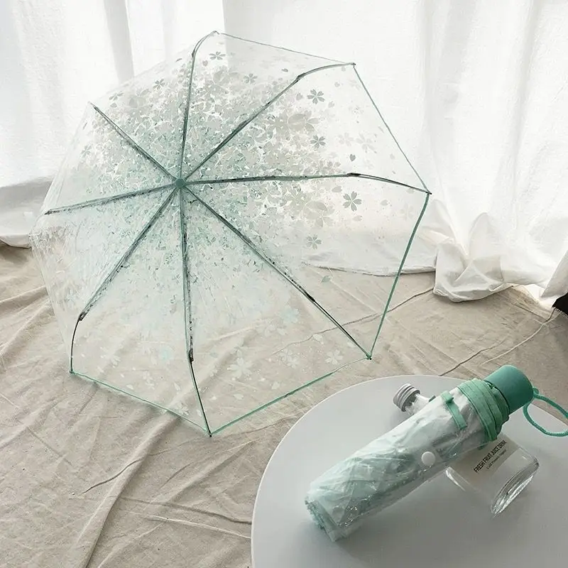 Mini Folding Japanese Umbrella Korean Umbrella Folding Cute Korean Mini Fresh Simple Sen Series Trifold Japanese Cherry Blossom Transparent