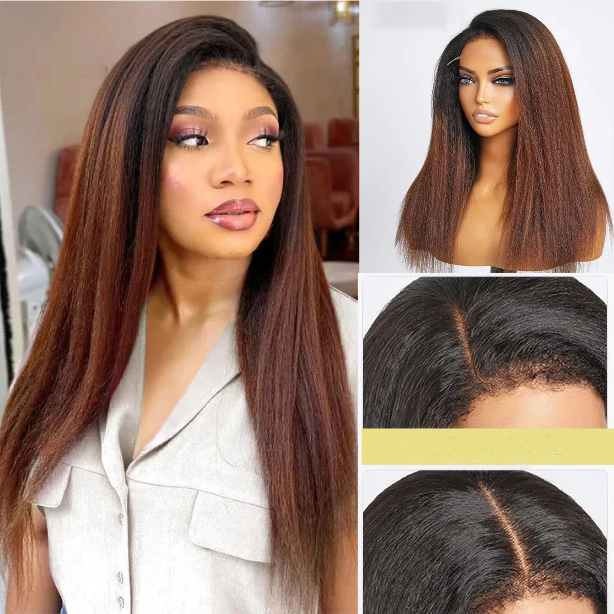 

26 inch Long 180% Density Ombre Brown Yaki Kinky Straight Lace Front Wig For Black Women Natural Hairline With Afro Baby Hair