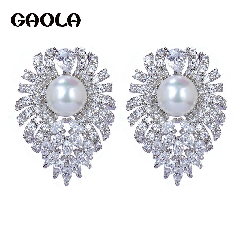 

GAOLA 2016 Exquisite Silver Color leaves shape stud Earrings with AAA CZ Imitation pearl earrings GLE4743
