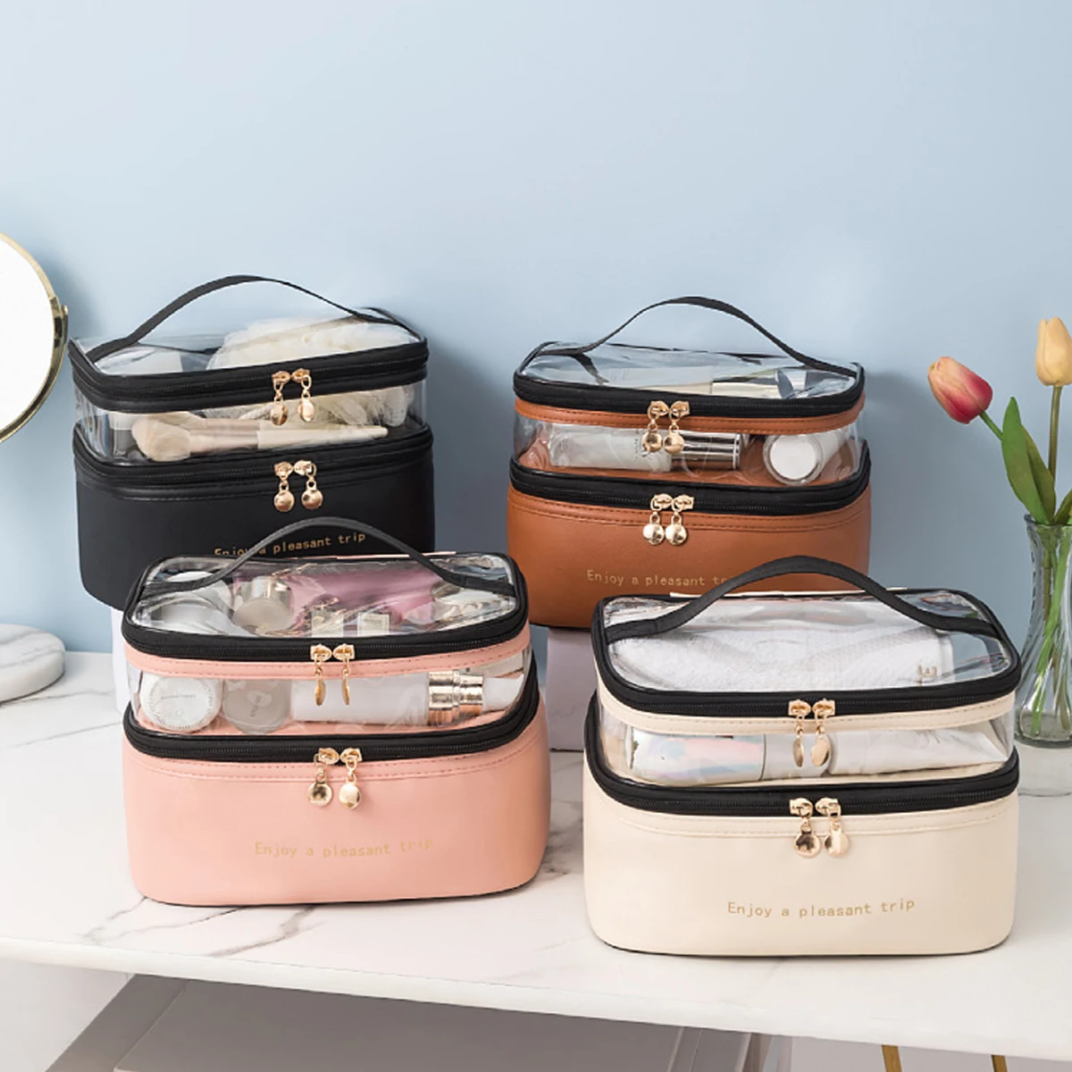 Double layer PU cosmetic bag large capacity portable storage bag waterproof travel toiletry bag