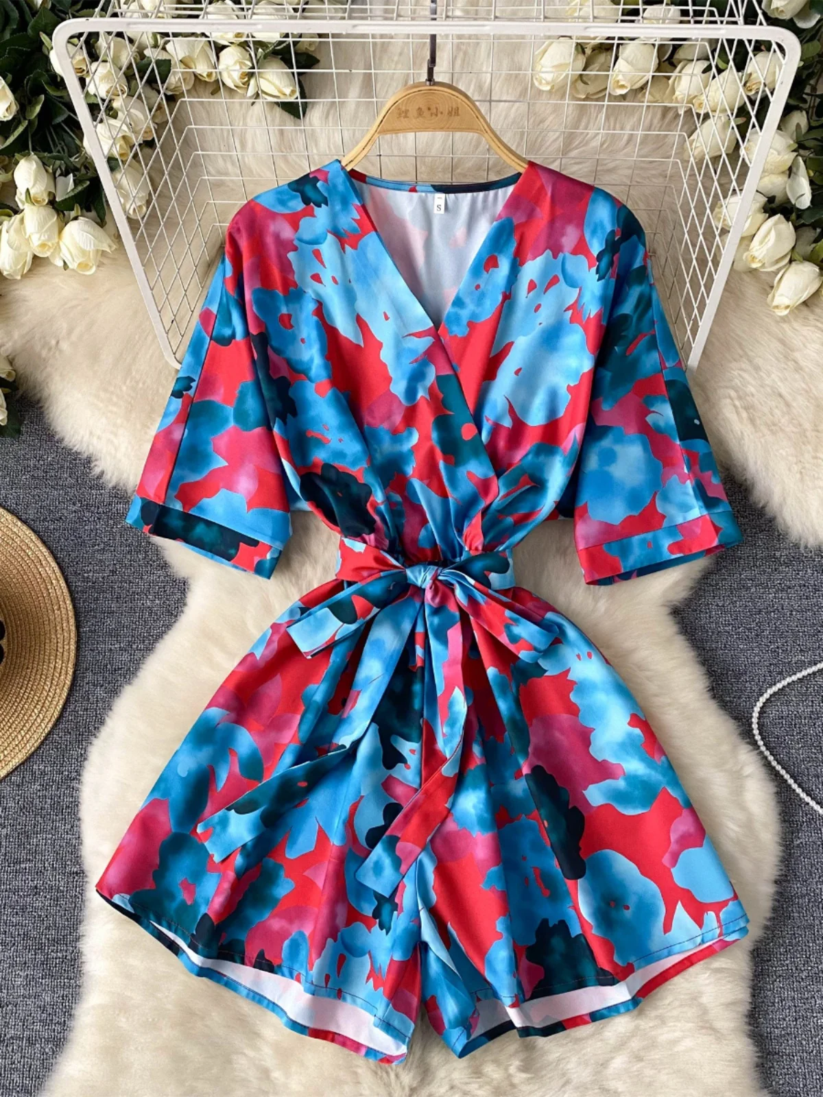 

Foamlina Casual Women Tie Dye Print Playsuits Summer Sexy V Neck Short Sleeve Sash Bow-tied Wide Leg Shorts Fashion Streetwear