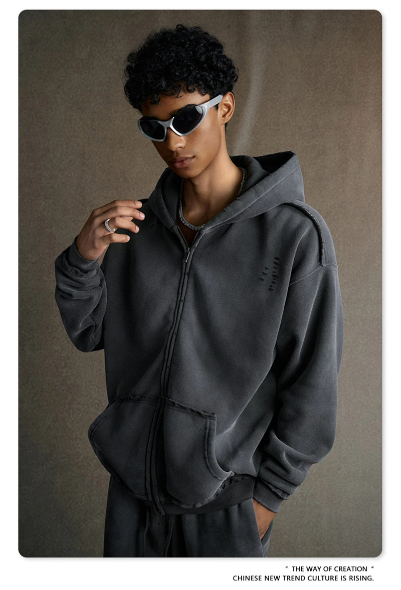ZODF Retro Winter Men 400gsm Monkey Washed Zipper Hoodie Unisex High Street Loose Edge Ripped Distressed Hooded Pullovers HY1117